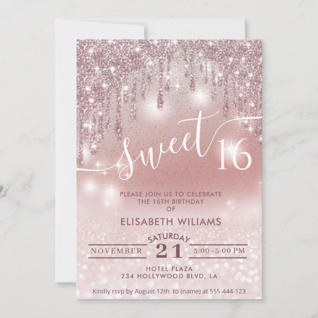 Invitation Fille adorable rose or glittery gouttes d'ombre (Devant)