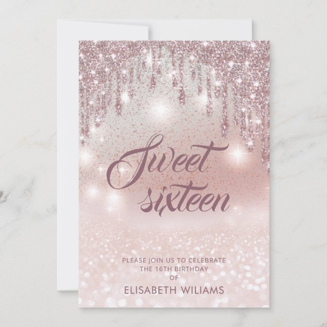 Invitation Fille adorable rose or glittery gouttes d'ombre in (Devant)