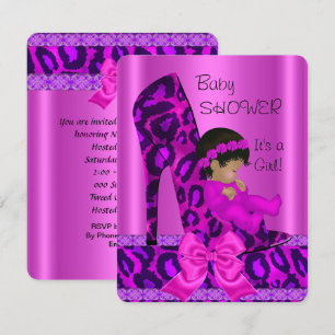 Invitation Fille Afro-Américaine Baby Shower Rose Léopard