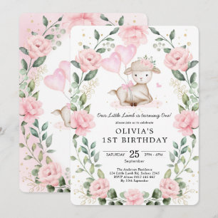 Invitation Fille Agneau Bébé Mouton Blush Floral 1er annivers