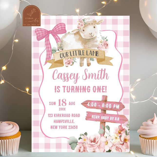 Invitation Fille Agneau Floral rose Premier anniversaire Invi (Créateur téléchargé)