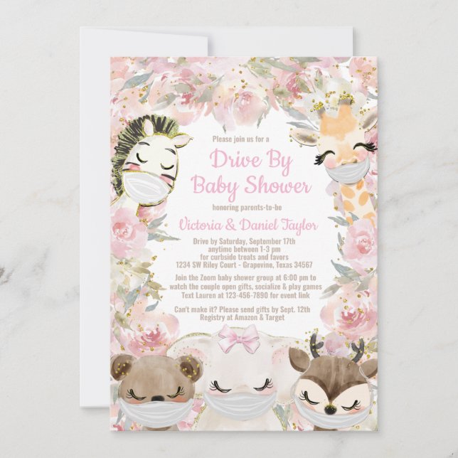 Invitation Fille Animal Avec Masques Conduite Par Baby shower (Devant)