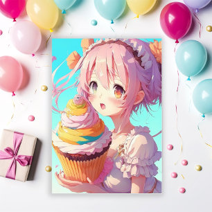 Invitation Fille Anime avec Cupcake fête d'anniversaire