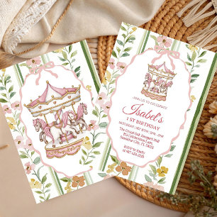 Invitation Fille anniversaire aquarelle carrousel floral past