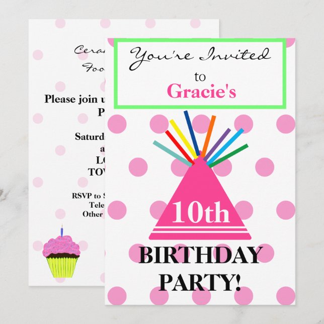 Invitation Fille Anniversaire Casquette Pink Cupcake (Devant / Derrière)