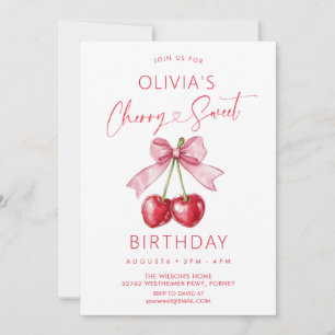 Invitation Fille anniversaire cerise ruban rose