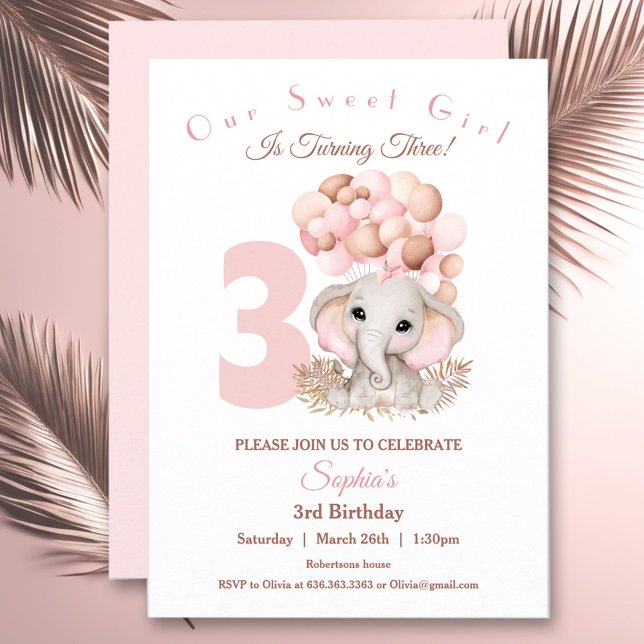 Invitation fille anniversaire mignon Eléphant rose (Birthday Girl Invitation Cute Pink Elephant)