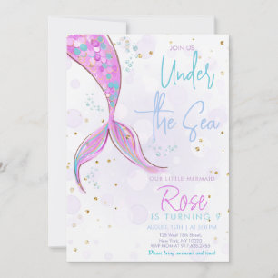 Invitation Fille Anniversaire Queue de Sirène Rose