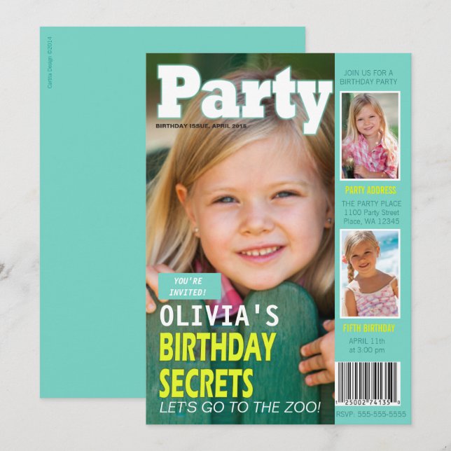 Invitation Fille Anniversaire Revue Couverture 3 Photos Fête (Devant / Derrière)