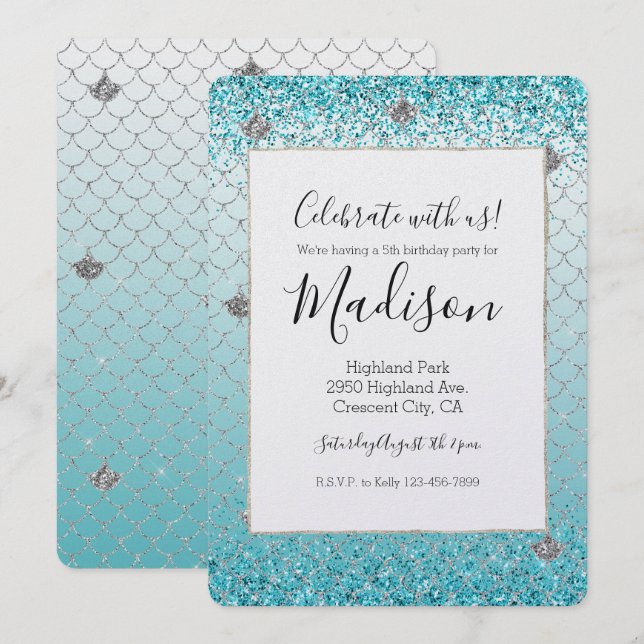 Invitation Fille Aqua Parties scintillant Argent Étincelle Si (Devant / Derrière)