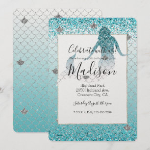 Invitation Fille Aqua Parties scintillant Argent Ombre Sparkl