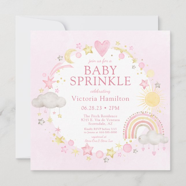 Invitation Fille Aquarelle Arc-en-ciel Bébé Sprinkle (Devant)