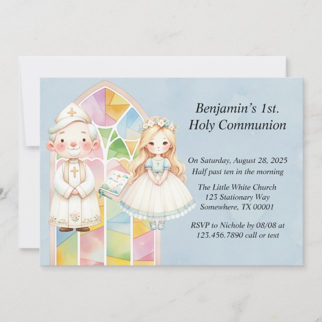 Invitation Fille aquarelle bleue 1ère. Communion solennelle  (Devant)