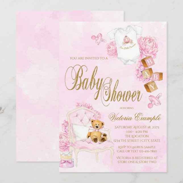 Invitation Fille Aquarelle rose Baby shower or (Devant / Derrière)