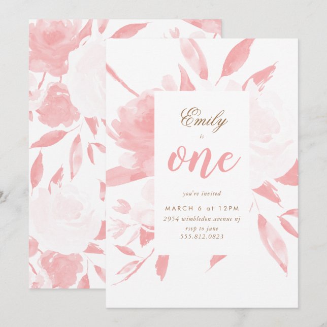 Invitation Fille Aquarelle rose premier anniversaire Invitati (Devant / Derrière)