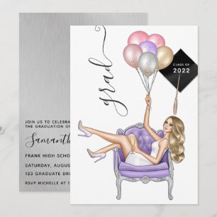 Invitation Fille au ballon blond argent et violet pour la rem