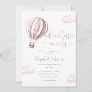 Invitation Fille au ballon rose Code QR Photo Baby Shower