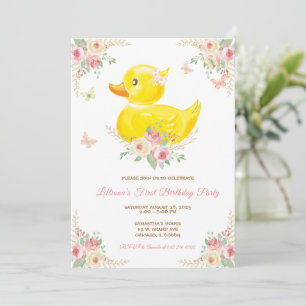 Invitation Fille au CANARD EN CAOUTCHOUC Rose Premier Anniver