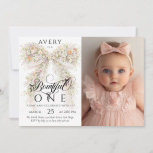 Invitation Fille au nœud floral Photo Premier Anniversaire
