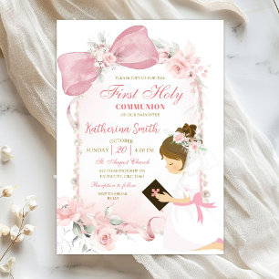 Invitation Fille au nœud floral rose Première Sainte Communio