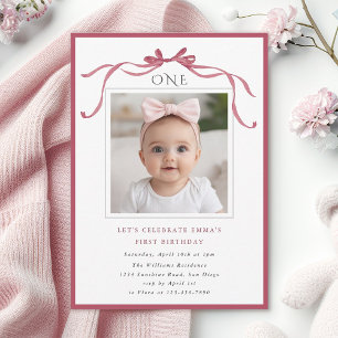 Invitation Fille au nœud rose blush profond Photo d'anniversa