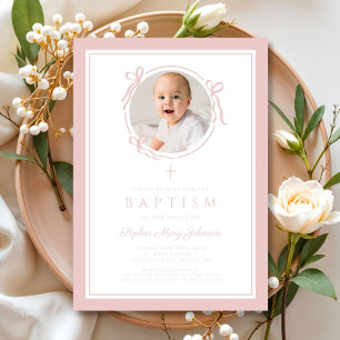 Invitation Fille au nœud rose élégant Photo Baptême