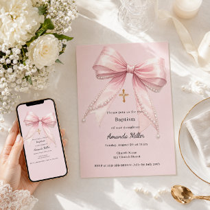 Invitation Fille au nœud rose perles élégant Baptême