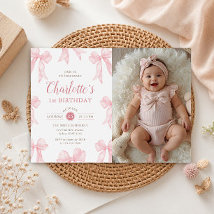 Invitation Fille au ruban rose pour sa 1ère photo d'anniversa