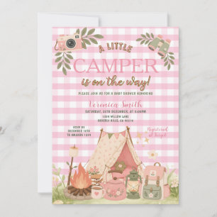 Invitation Fille au vichy rose Fête prénatale de camping 