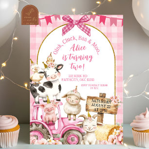 Invitation Fille aux animaux de la ferme à carreaux roses 2e