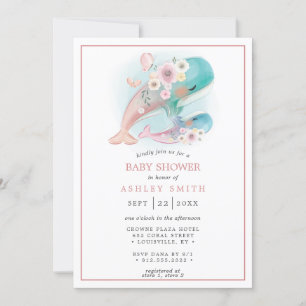 Invitation Fille aux baleines à l'aquarelle florale Leigh-Ann