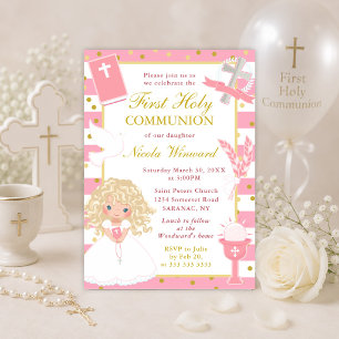 Invitation Fille aux cheveux blonds et aux rayures roses Prem