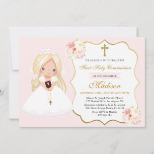 Invitation Fille aux cheveux blonds Première Communion Rose t