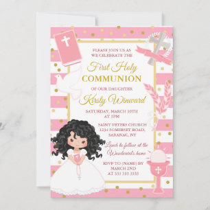 Invitation Fille aux cheveux noirs avec rayure rose Première 