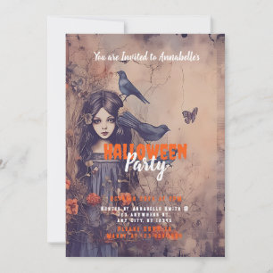 Invitation Fille aux cheveux sombres et oiseaux, fête d'Hallo