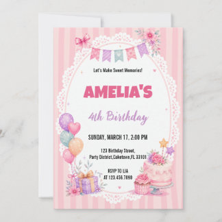 Invitation Fille aux fleurs à l'aquarelle rose pour gâteau d'