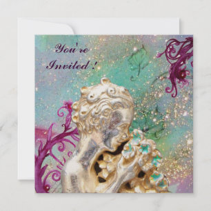 Invitation FILLE AUX FLEURS EN PAILLETES D'OR ,Saphir Bleu