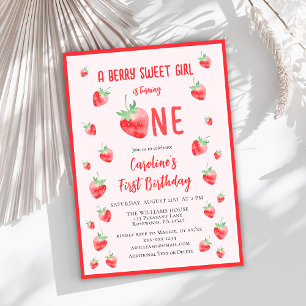 Invitation Fille aux fraises mignonne Premier anniversaire