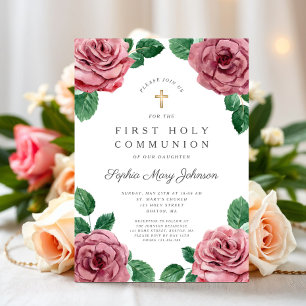 Invitation Fille aux pivoines roses florales Première communi