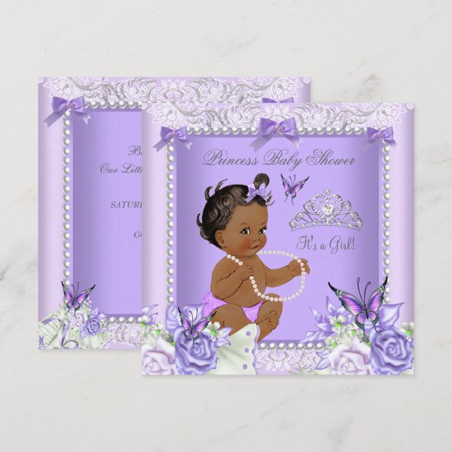 Invitation Fille Baby shower afro-américaine de lavande gris (Devant / Derrière)