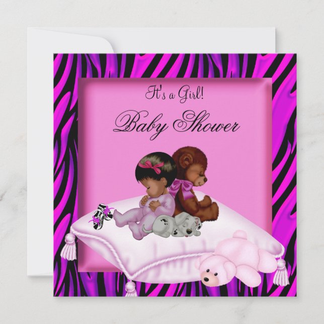 Invitation Fille Baby shower afro-américaine Hot Pink Zebra (Devant)
