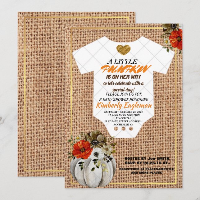 Invitation Fille Baby shower Automne Citrouille Rustique Burl (Devant / Derrière)