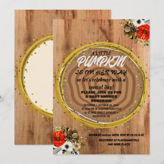 Invitation Fille Baby shower Automne Citrouille Rustique Burl (Devant / Derrière)