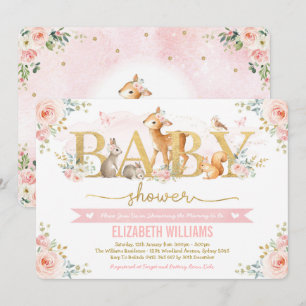 Invitation Fille Baby shower bois rose pâle Forêt florale ros