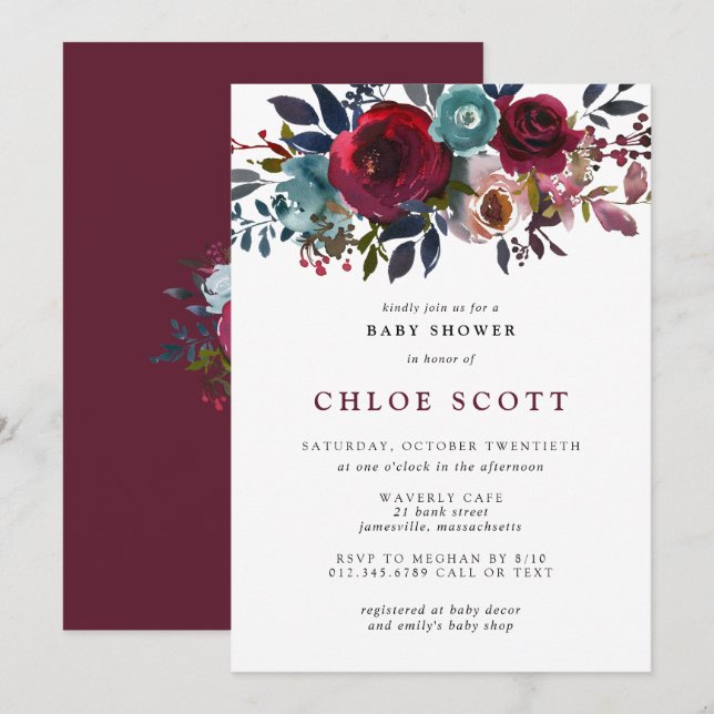 Invitation Fille Baby shower Bourgogne Rose Floral (Devant / Derrière)