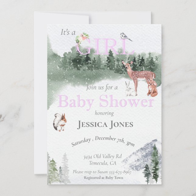 Invitation Fille Baby shower cerf Bois d'hiver (Devant)