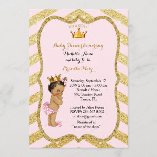 Invitation FILLE Baby shower, chevron doré, or rose vif v2
