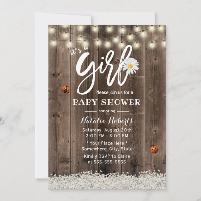 Invitation Fille Baby shower Daisy Rustique Fleur de souffle  (Devant)