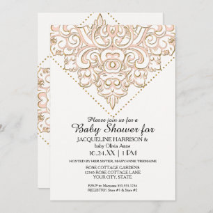 Invitation Fille Baby shower Damask Pattern Rose Gold Dot Lac