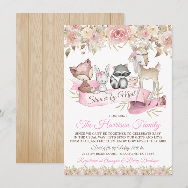 Invitation Fille Baby shower d'animaux de bois par courrier (Devant / Derrière)